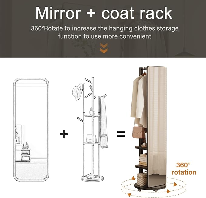 WoodsWhisper Full Length Mirror Coat Rack Solid Wood Floor Mirror 66"x12" Full Length Mirror with Stand Long Mirrors for Bedroom,Living Room (Black-Mobile, 66" Lx12 W)