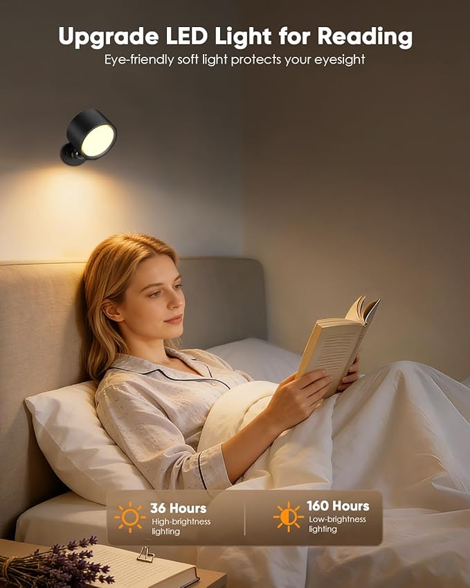 LED Wall Mounted Lights 2 Pcs with Remote, Rechargeable Wall Sconce with 3 Color Temps & Dimmable Magnetic 360° Rotation Cordless Light for Bedroom Reading Bedside (Black, 1 Pack)