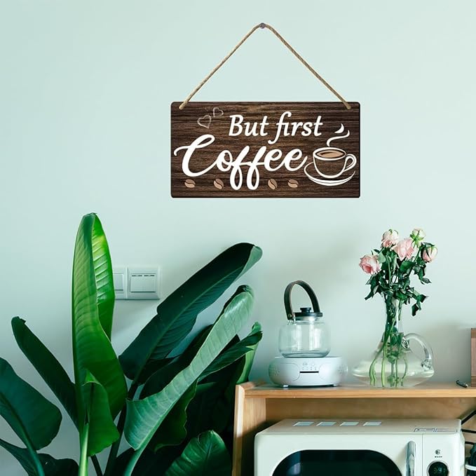 But First Coffee Sign - Wooden Coffee Bar Art, 6 x 12 Inch