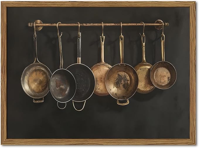 Framed Vintage Kitchen Canvas Wall Art, Farmhouse Pans Pictures Wall Decor Prints, Rustic Hanging Pots Paintings Poster Antique Home Decor Artwork for Dining Room Living Room 16×24 inch