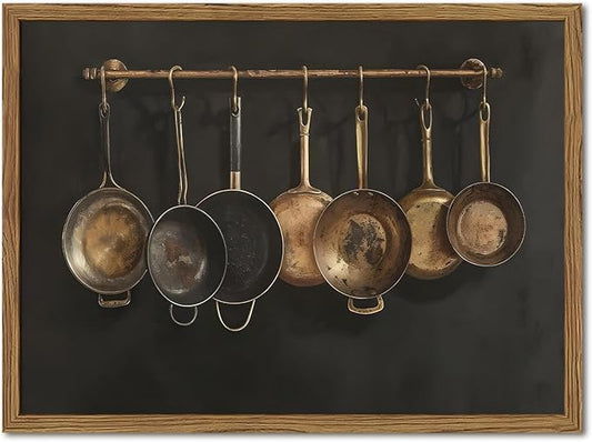 Framed Vintage Kitchen Canvas Wall Art, Farmhouse Pans Pictures Wall Decor Prints, Rustic Hanging Pots Paintings Poster Antique Home Decor Artwork for Dining Room Living Room 12x16 inch