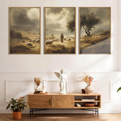 HPNIUB Jesus Leaves the 99 Sheep Framed Wall Art Set,Lost Lamb Religious Wall Decor,Neutral Christian Scripture Art Print,Vintage Inspiring Good Shepherd Artwork for for Church Room Christian Faith Gift-16''x24''x3
