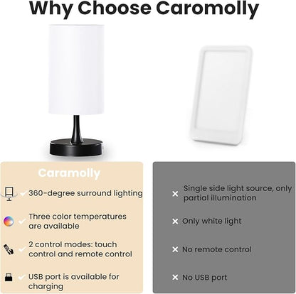 Caromolly Light Therapy Lamp, 10000 Lux Light with Remote Control, 3 Color Temperature & 4 Brightness Level & Timer, Daylight Lamp for Home, Office, Decoration(Black Base White Shade)
