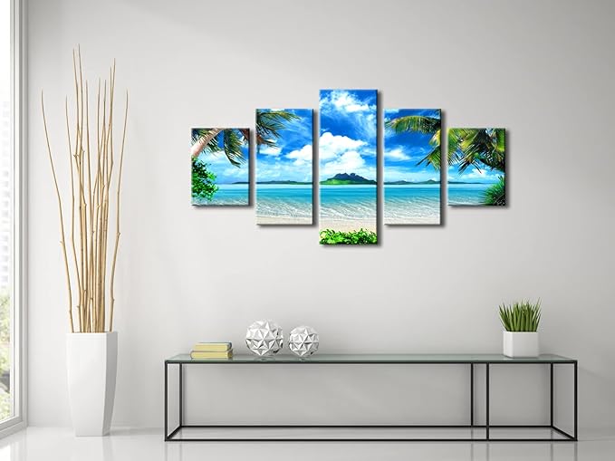 Pyradecor 5 Piece Canvas Prints Wall Art for Living Room Kitchen Home Decorations Large Modern Gallery Wrapped Pretty Landscape Blue Ocean Beach Pictures Paintings Artwork Ready to Hang L