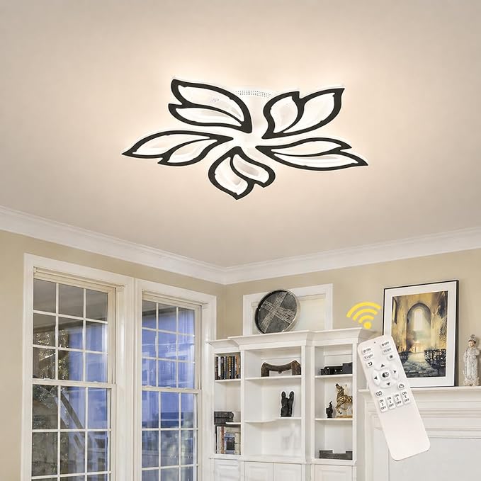 Garwarm LED Ceiling Light Fixture, 60W Modern Leaves Ceiling Lamp Dimmable Black Flush Mount Ceiling Chandelier for Living Room Study Room Dining Room Bedroom