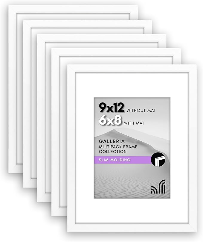 Americanflat 9x12 Picture Frame with Polished Plexiglass - Set of 5 - Use as 6x8 Frame with Mat or Display 9x12 Photo Without Mat - Galleria Collection - Picture Frames for Wall Display - White