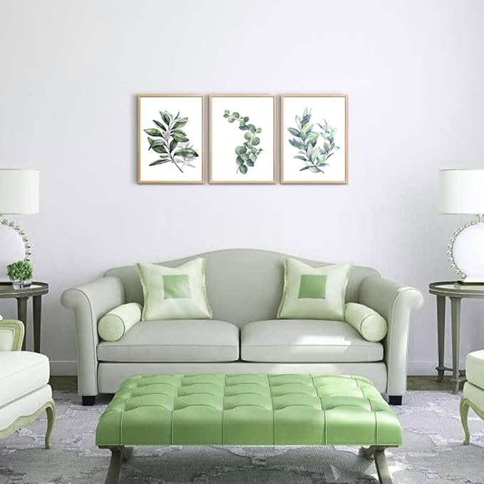 Framed Canvas Wall Art For Living Room Wall Decor For Bedroom Green Leaves Plants Watercolor Painting Office Wall Pictures Kitchen Wall Decorations Bathroom Decor Set Of 3 Piece Framed Art Prints