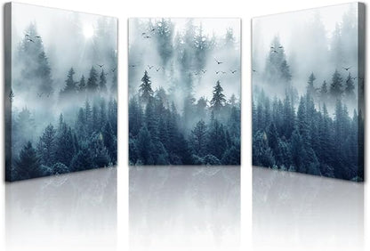 Lapremoly Wall Decorations - Framed Canvas Wall Art for Living Room, Bedroom & Office - Misty Forests Trees Landscape Pictures - 3 Piece Set