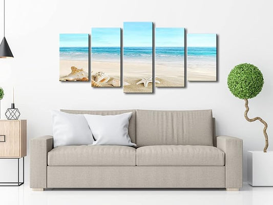 Pyradecor Seashell 5 panels Seascape Canvas Prints Landscape Pictures Paintings Modern Stretched Canvas Wall Art Sea Beach Pictures Artwork for Home Decor