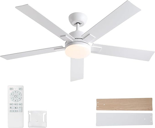 Rayqueen 52 Inch Ceiling Fans with Lights and Remote, 6 Speed Reversible DC Motor, 3CCT Dimmable LED, 5 Blades, White Modern Ceiling Fan for Bedroom, Living Room & Covered Outdoor, Includes Downrod