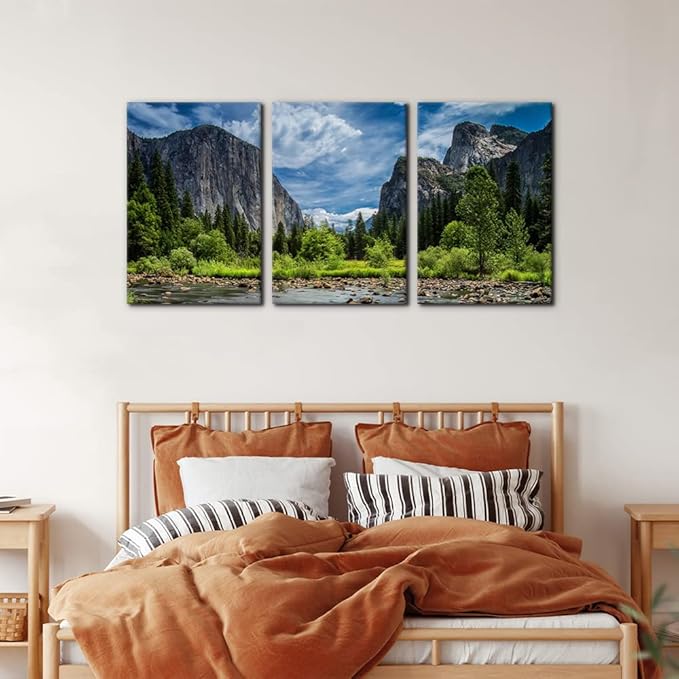 Pacimo 3 Pieces Green Wall Art Painting Yosemite National Park Clear Water Lake Mountain Trees Rocks Pictures Prints On Canvas Landscape Wall Decor for Home Modern Decoration Print - 16"x24"x3 Panel