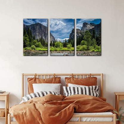 Pacimo 3 Pieces Green Wall Art Painting Yosemite National Park Clear Water Lake Mountain Trees Rocks Pictures Prints On Canvas Landscape Wall Decor for Home Modern Decoration Print - 16"x24"x3 Panel