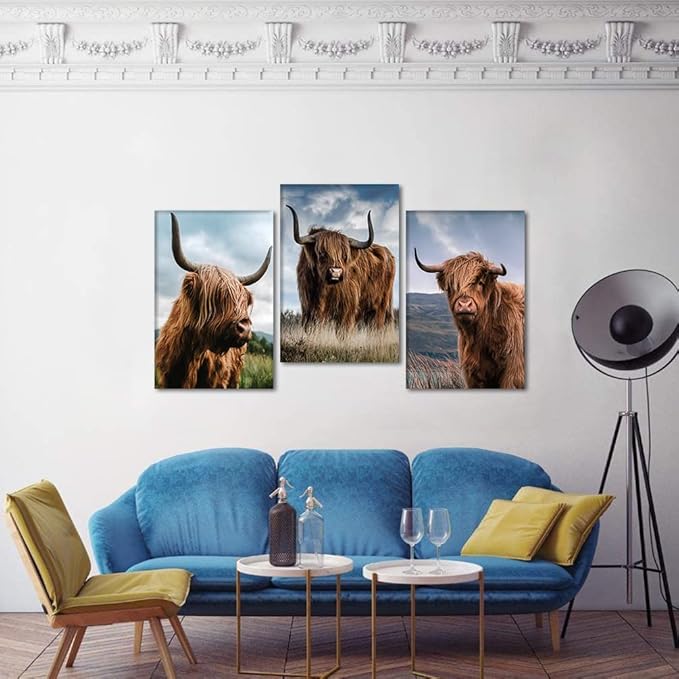 Large Wall Art 3 Panels Cow Pictures Wall Decor Highland Cow Canvas Art Vintage Farm Cattle Posters Animal Painting Canvas Prints Decor, Framed 24'' Wx36''Hx3pcs