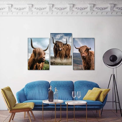 Large Wall Art 3 Panels Cow Pictures Wall Decor Highland Cow Canvas Art Vintage Farm Cattle Posters Animal Painting Canvas Prints Decor, Framed 24'' Wx36''Hx3pcs