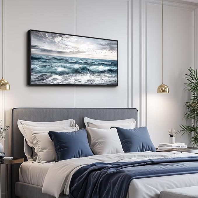 QIYILEXWART Black Framed Large Canvas Wall Art For Living Room Wall Decor For Bedroom Office Wall Decoration Ocean Waves Painting Modern Watercolou Picture Artwork Ready To Hang Home Decor