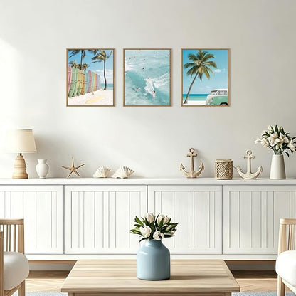 KAIRNE Ocean Beach Framed Canvas Wall Art Set, Coastal Seascape Surfboard Wall Decor, Modern Palm Tree Art Prints, Summer Surfing Blue Artwork for Living Room, Bedroom, Farmhouse, Office-12 x16 x3
