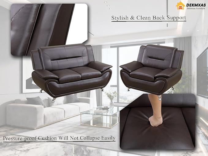 Living Room Sofa Set Faux Leather Sofa Couches, Living Room Furniture Sets, Brown Loveseat and Chair for Bedroom, Apartment, Rv Car, Office