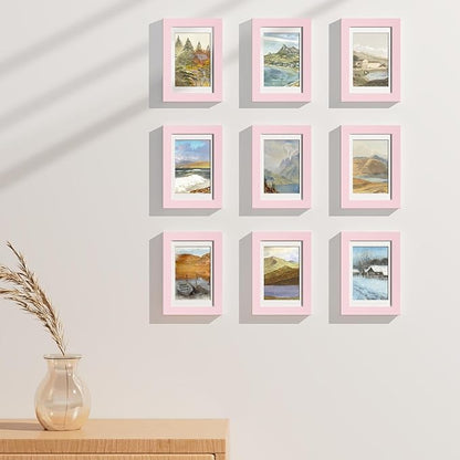 Vittanly 4x6 Picture Frames Set of 9, Display 3.5x5 Pictures with Mat or 4x6 without Mat, Photo Frames for Wall or Tabletop with Plexiglass, Engineered Wood, Pink