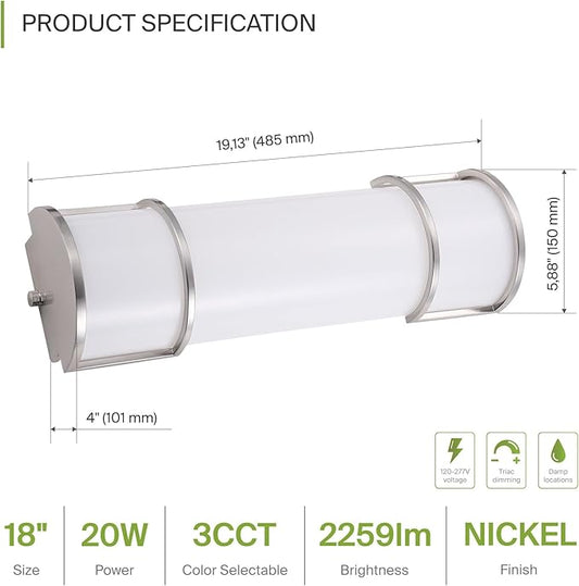 ASD LED 18" Vanity Flush Mount Light Fixture, Linear Bathroom Lighting Bar | 3CCT, Dimmable, ETL Listed | 20W 2300LM 3000-5000K 100-277V | Long Tube Bath Wall Sconce Over Mirror | Nickel, 4 Pack