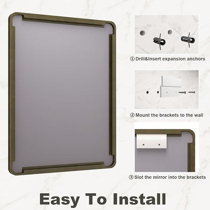 48x32 Bronze Framed Bathroom Mirror, Brushed Bronze Metal Vanity Mirror, Bronze Rectangle Mirror for Wall, Rounded Corner, Tempered Glass, Anti-Rust, Shatterproof (Horizontal/Vertical)