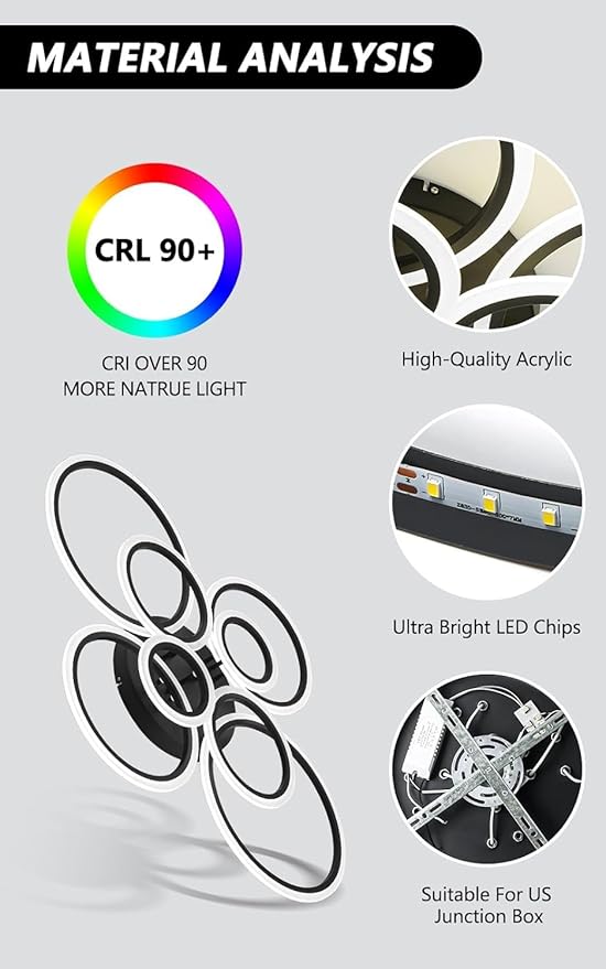 Modern LED Flush Mount Ceiling Light, 8 Rings Black Close to Ceiling Light Fixtures, Living Room Lighting Ceiling Lamp for Dining Room, Bedroom, Kitchen, 4000K Not Dimmable