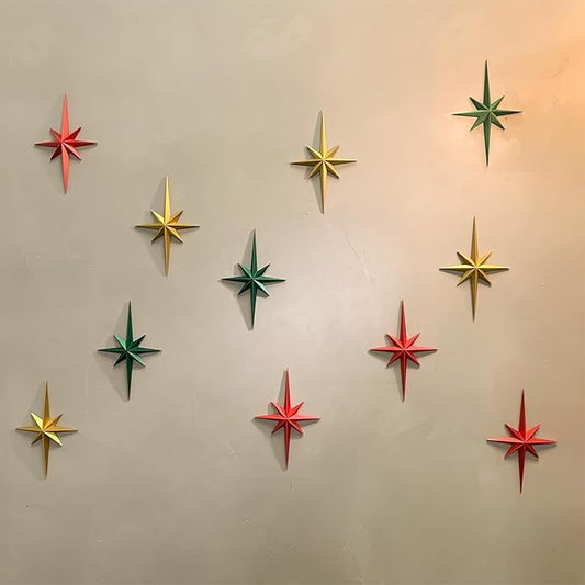 MidModArt 16PCS Mid Century Modern 3D Star Wall Art Gold Retro Starburst Sculptures Vintage Celestial Home Decor, Colored Starburst-Combo