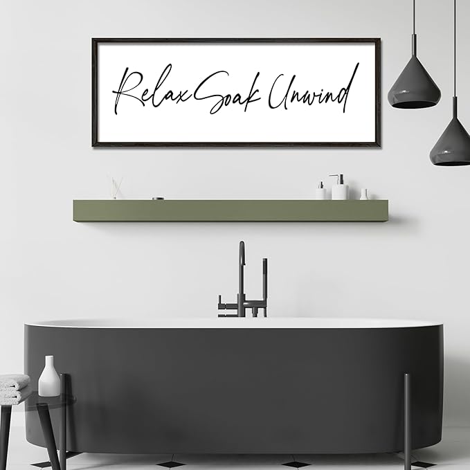 Relax Soak Unwind Wall Decor Art 32"X12" Bathroom Sign Shower Room above the Bathtub Large Wood Framed Wall Hanging (Black)