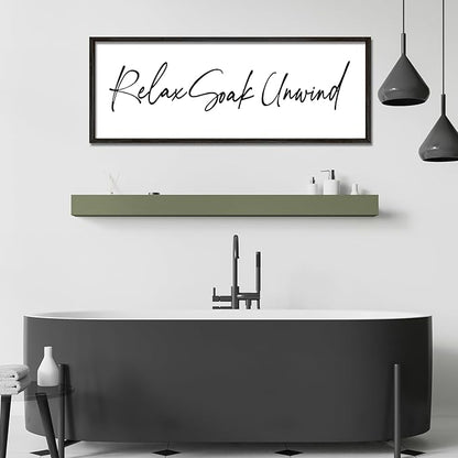 Relax Soak Unwind Wall Decor Art 32"X12" Bathroom Sign Shower Room above the Bathtub Large Wood Framed Wall Hanging (Black)