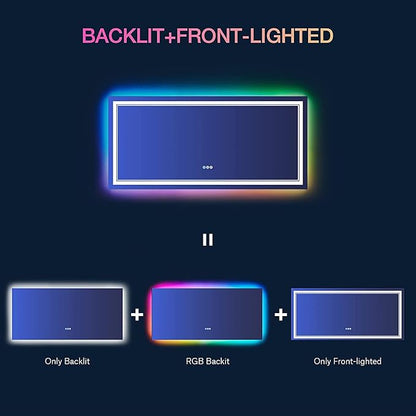 60x30 Inch LED Bathroom Mirror with Lights, Color Changing RGD Backlit and Front Light Mirror,Lighted Vanity Mirrors for Bathroom Wall, Dimmable, Anti-Fog,Shatterproof,Memory