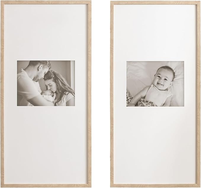 Kate and Laurel Gallery Rectangular Panel Picture Frame Set of 2, 14 x 30 matted to 8 x 10, Light Natural, Modern Tall Two-Piece Photo Frame Set for Gallery Wall Decor in Living Room Wall Display