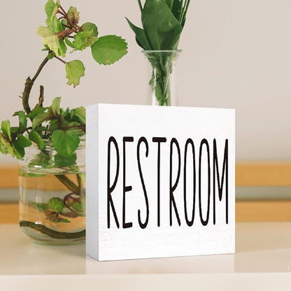 SJNH Funny Bathroom Wood Sign, Rustic Farmhouse Style, 5"x5", White, Tabletop Display, Humor Theme