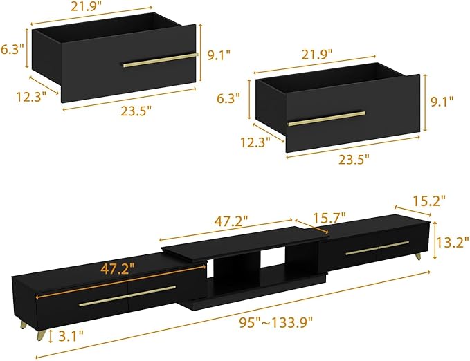 Modern TV Console Extendable Media Console, Adjustable Length, Contemporary Entertainment Center with Drawers and Legs, for Living Room Black and Gold (95”-133.9”W x 15.2”D x 13.1”H)