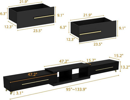 Modern TV Console Extendable Media Console, Adjustable Length, Contemporary Entertainment Center with Drawers and Legs, for Living Room Black and Gold (95”-133.9”W x 15.2”D x 13.1”H)