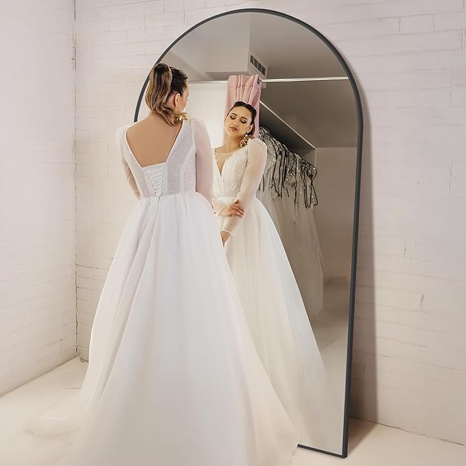 Large Standing Mirror Full Length, 82"X44" Oversized Arched Floor Mirror Black Full Length Mirror with Stand, Hanging or Wall Mounted for Bedroom Living Room Clothing Store Gym, Tempered Glass