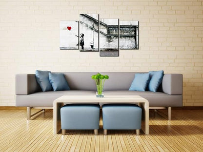 Wieco Art Famous Canvas Paintings Wall Art Banksy Grafitti Girl with Red Balloon Modern Large 4 Piece Inspirational Grey Love Giclee Pictures Print Artwork for Dining Room Kitchen Home Office Decor