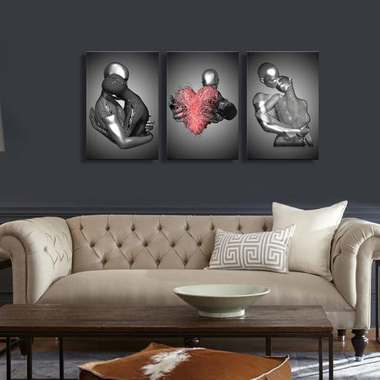 Framed Love Heart 3d Wall Art Romantic Couple Hug Abstract Art Prints Posters Decor Grey Black and White Canvas Prints Bedroom Bathroom Hotel Valentine'S Day Ready to hang 16x24InchX3