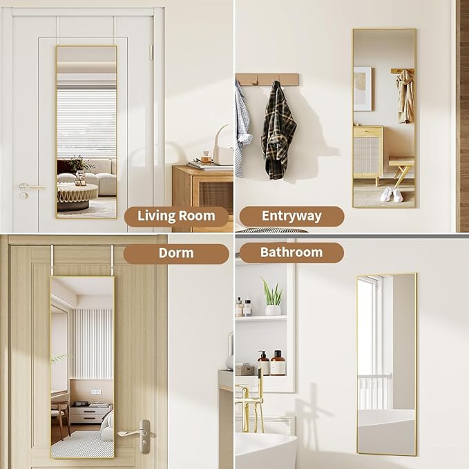 Door Mirror, Over The Door Full Length Mirror, 48"x14" Hanging Mirrors for Bedroom, Living Room, Entryway, Dorm, Gold