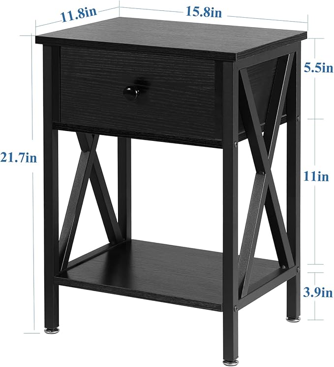 VECELO End Tables, Modern Nightstand with Drawer & Shelf, Night Stand for Bedroom Living Room,Industrial Metal Frame