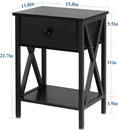 VECELO End Tables, Modern Nightstand with Drawer & Shelf, Night Stand for Bedroom Living Room,Industrial Metal Frame