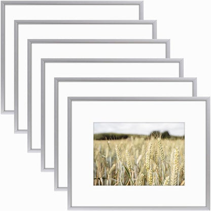 Golden State Art, Gallery Wall Frame Set of 6 - Silver 8x10 Aluminum Photo Frames with Mat for 5x7 Pictures - 8 x 10 inch Metal Frame with Real Glass Cover - Elegant Home or Office Decor