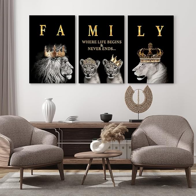GUBIYU Family Life Begins Never Ends Words Sign Decor Black Gold Wall Art for Living Room & Dining Room - Motivational Prints Lions - 20"x28"