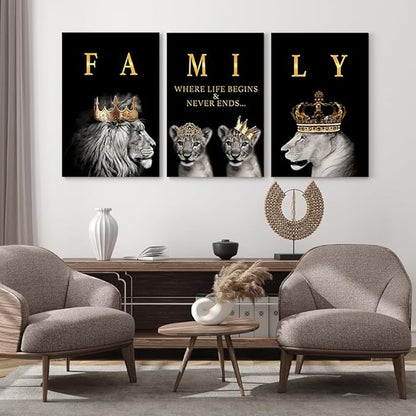 GUBIYU Family Wall Decor - Black Gold Motivational Prints Lions Art for Living & Dining Room - 16"x24"
