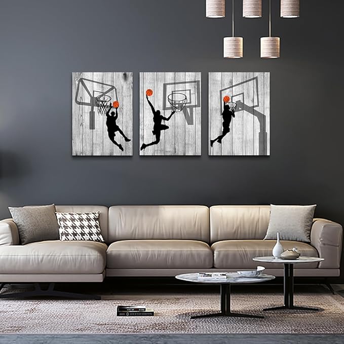 Lapremoly Canvas Wall Art For Living Room Wall Decorations For Bedroom 3 Piece Boy's Room Decor Black And White Pictures Sport Play Basketball Wall Paintings Office Prints Artwork Modern Home Decor
