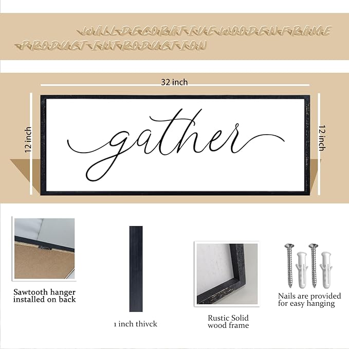 comurdyo Dining Room Gather Wall Art Decor Sign 32"×12" for Modern Home Minimalist Rustic Farmhouse Gathering Living Room Large Wall Plaque Horizontal Hanging (Black)