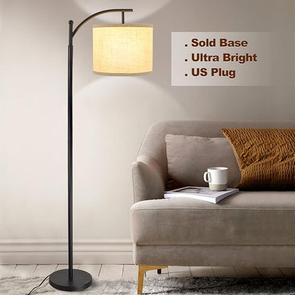 DLLT Modern Arc Floor Lamp, Farmhouse Standing Floor Lamps with Lantern Lampshade, Industrial Tall Reading Light for Bedroom Living Room Office Study, 3 Color Temperatures, Black, 8W Bulb Included