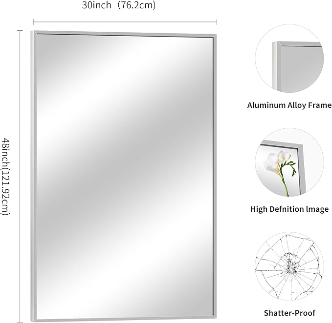 COFENY Silver Bathroom Mirror for Wall, 30x48 Inch Rectangle Mirrors with Metal Frame, Modern Vanity Wall Mirror Decor for Bathroom Living Room, Entryway Hangs Horizontal or Vertical