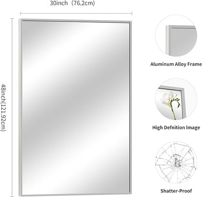 COFENY Silver Bathroom Mirror for Wall, 30x48 Inch Rectangle Mirrors with Metal Frame, Modern Vanity Wall Mirror Decor for Bathroom Living Room, Entryway Hangs Horizontal or Vertical