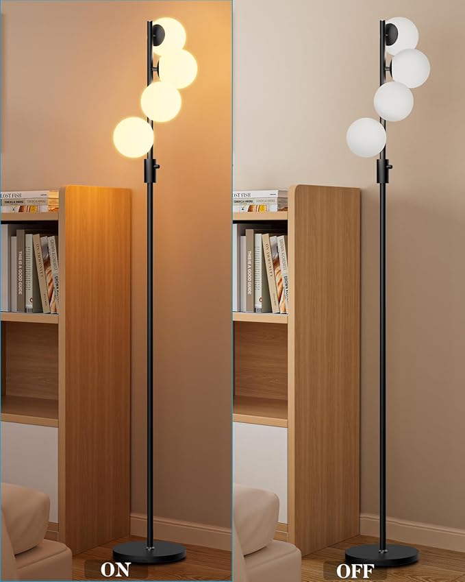 Lightdot 64IN Dimmable Globe Floor Lamp, Black Standing Lamps with 4PCS 3000K Bulbs Included, Mid Century Modern Floor Lamp with 5Lbs Heavy Base for Living Room/Sofa Beside/Corner Decor