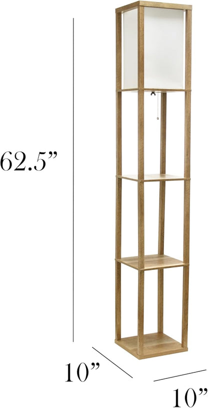 Simple Designs LF1038-WOD 62.5" Modern 3 Tier Standing Floor Lamp Etagere Organizer Storage Shelf with Linen Shade for Home Décor, Living Room, Bedroom, Office, Light Burnt Oak