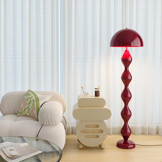 Red Mushroom Floor Lamp with Metal Lampshade,Adjustable 3-Color Temperature Reading Lamp,Nordic Style Standing Lamp for Nursery Bedroom and Living Room